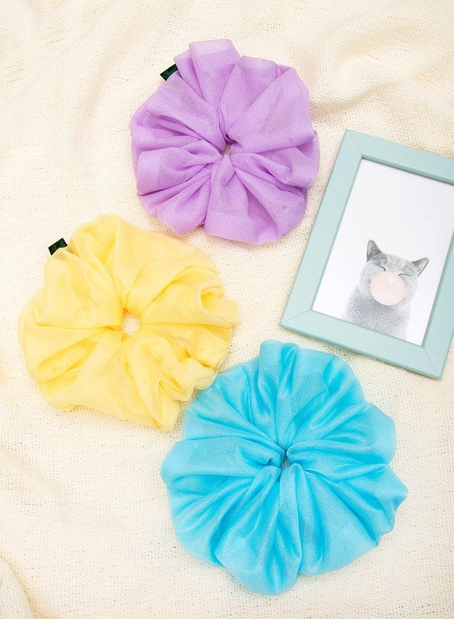 ARENDELLE Pack of 3 Shinny Organza Cloud Scrunchies in Pastel Blue, Pink and Yellow - Image 3