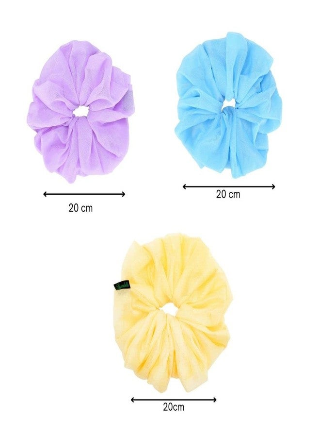 ARENDELLE Pack of 3 Shinny Organza Cloud Scrunchies in Pastel Blue, Pink and Yellow - Image 2