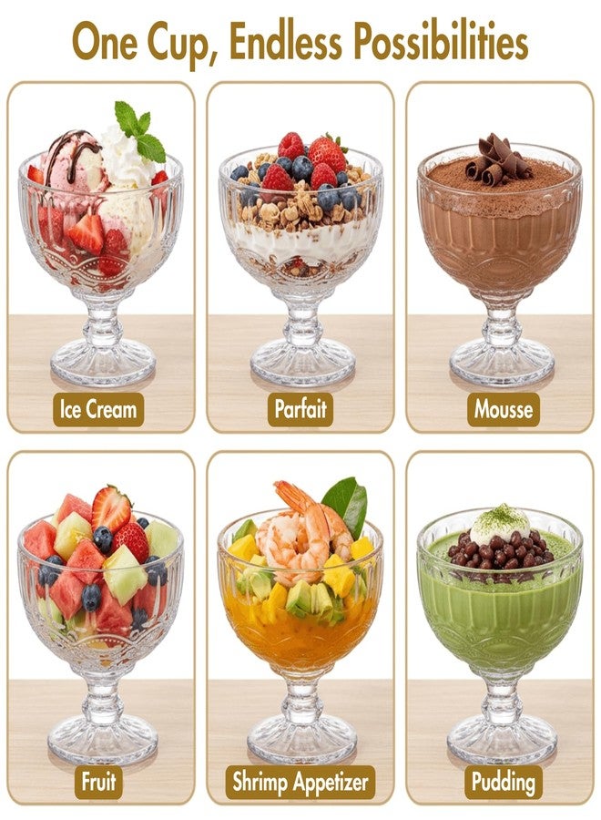 Youeon 6 Pack Vintage Embossed Glass Dessert Cups, 12oz Footed Sundae Glasses for Ice Cream, Parfait, Trifle, Fruit, Yogurt, Clear Glass Dessert Bowls for Party Serving - Image 4
