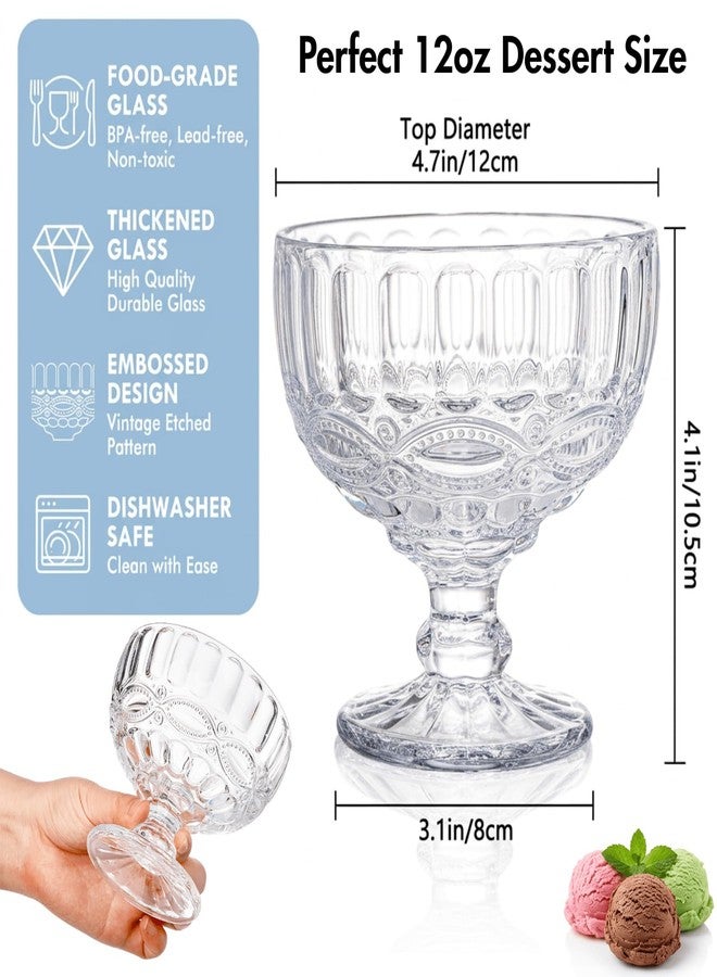 Youeon 6 Pack Vintage Embossed Glass Dessert Cups, 12oz Footed Sundae Glasses for Ice Cream, Parfait, Trifle, Fruit, Yogurt, Clear Glass Dessert Bowls for Party Serving - Image 2