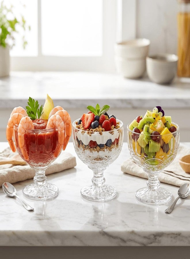 Youeon 6 Pack Vintage Embossed Glass Dessert Cups, 12oz Footed Sundae Glasses for Ice Cream, Parfait, Trifle, Fruit, Yogurt, Clear Glass Dessert Bowls for Party Serving - Image 5