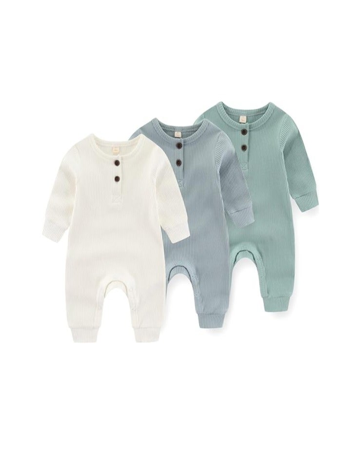 Newborn Baby Boys Girls One Piece Romper With Mitten Cuffs 3 Pack  - Image 1