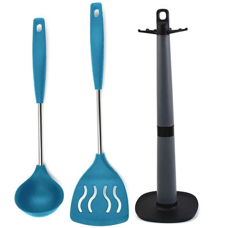 FS COOL FS COOL Spoon for Non Stick Pan Serving Ladle Scoop Ladles for Cooking Silicone Slotted Turner Fish Wok Spatula Silicone Spatula Turner Utensil Holder for Kitchen Set of 3 Blue - Image 1