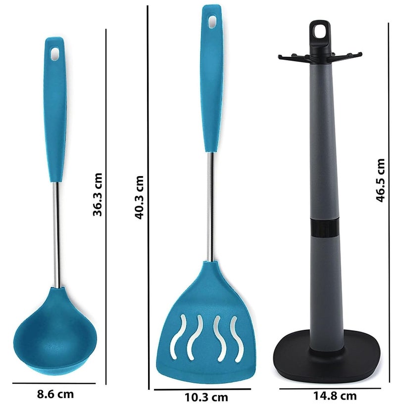 FS COOL FS COOL Spoon for Non Stick Pan Serving Ladle Scoop Ladles for Cooking Silicone Slotted Turner Fish Wok Spatula Silicone Spatula Turner Utensil Holder for Kitchen Set of 3 Blue - Image 2