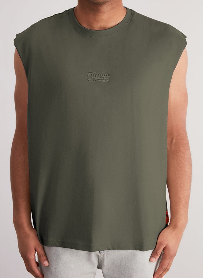 trendyol Oversize/Wide Cut Zero Sleeve with Raised Text Printed Label T-Shirt/Undershirt  - Image 4