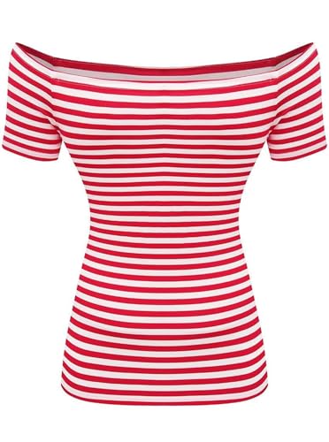 LilyCoco Striped Off The Shoulder Tops for Women Short Sleeve Sexy Fitted Pirate Shirt Red Large - Image 5