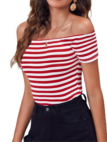 LilyCoco Striped Off The Shoulder Tops for Women Short Sleeve Sexy Fitted Pirate Shirt Red Large - Image 3