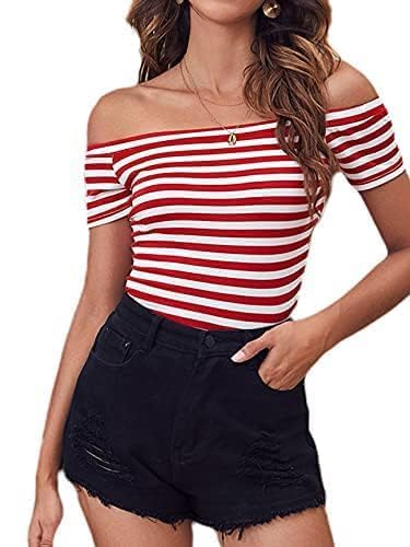 LilyCoco Striped Off The Shoulder Tops for Women Short Sleeve Sexy Fitted Pirate Shirt Red Large - Image 4