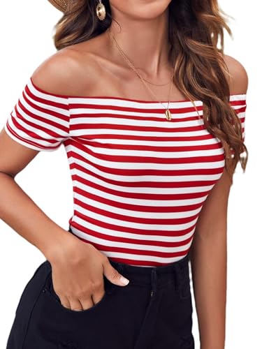 LilyCoco Striped Off The Shoulder Tops for Women Short Sleeve Sexy Fitted Pirate Shirt Red Large - Image 1