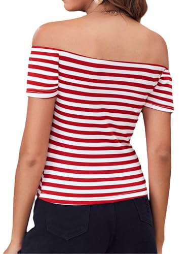 LilyCoco Striped Off The Shoulder Tops for Women Short Sleeve Sexy Fitted Pirate Shirt Red Large - Image 2