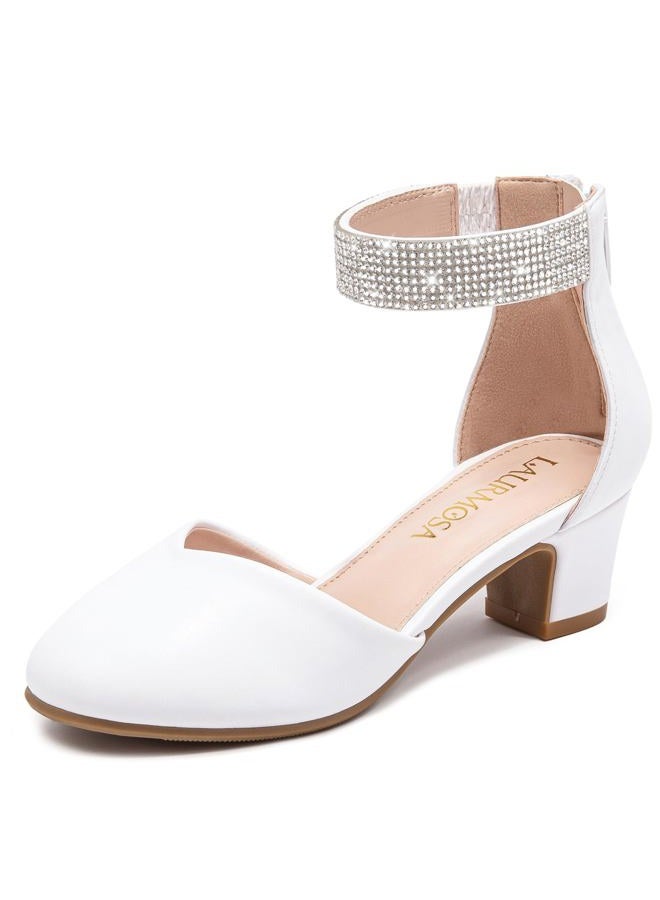 LAURMOSA Girls Dress Shoes with Rhinestone Ankle Strap Closed Toe High Heels for Little Big Kids Wedding Party, Pu White, 4 Big Kid - Image 1