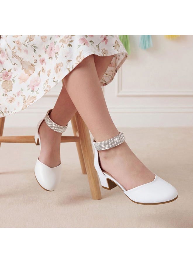 LAURMOSA Girls Dress Shoes with Rhinestone Ankle Strap Closed Toe High Heels for Little Big Kids Wedding Party, Pu White, 4 Big Kid - Image 2