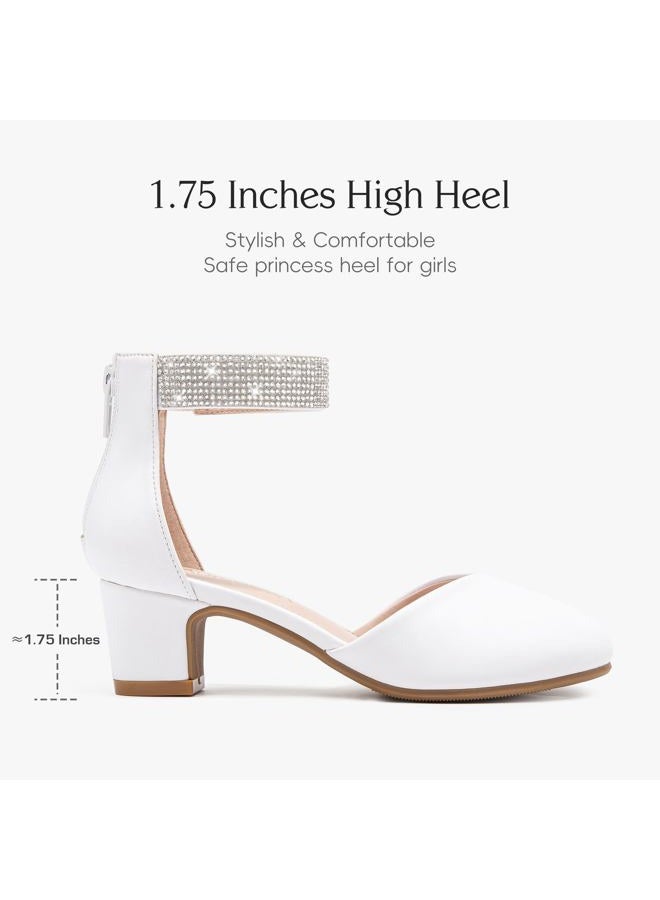 LAURMOSA Girls Dress Shoes with Rhinestone Ankle Strap Closed Toe High Heels for Little Big Kids Wedding Party, Pu White, 4 Big Kid - Image 5