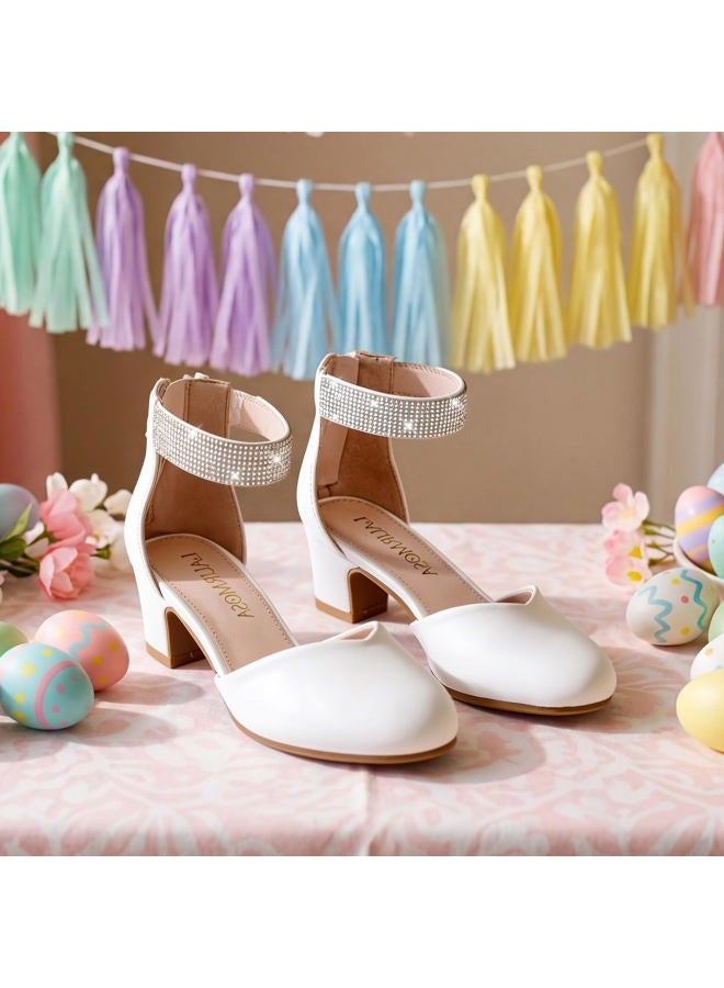 LAURMOSA Girls Dress Shoes with Rhinestone Ankle Strap Closed Toe High Heels for Little Big Kids Wedding Party, Pu White, 4 Big Kid - Image 4