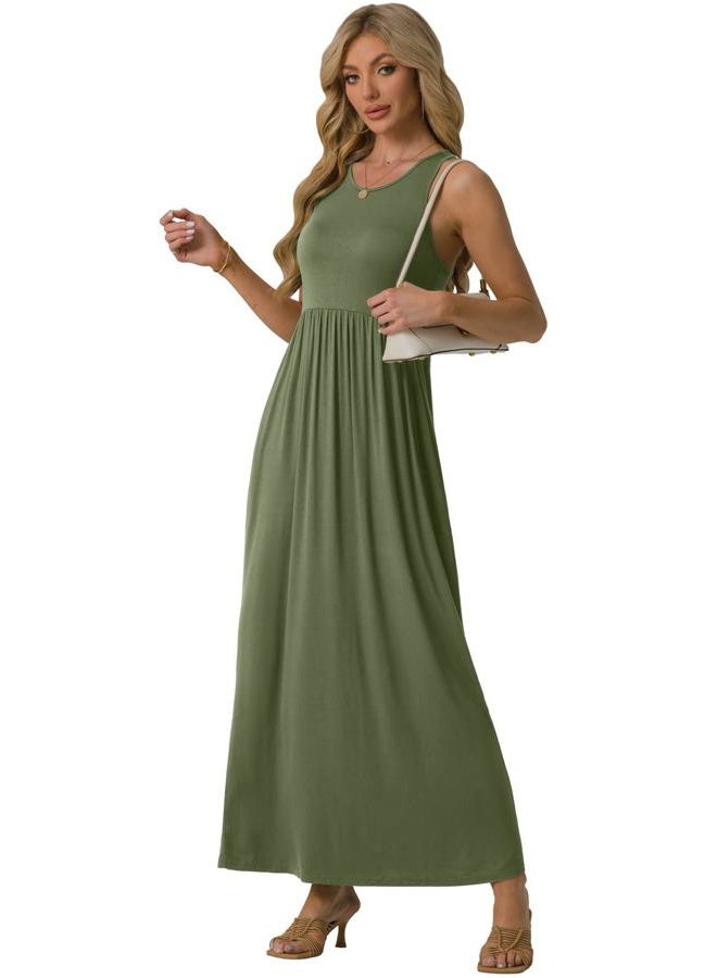 GRECERELLE Women's Sleeveless Long Maxi Dresses Plus Size with Side Pocket Army Green, Army Green, M - Image 3