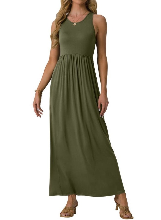 GRECERELLE Women's Sleeveless Long Maxi Dresses Plus Size with Side Pocket Army Green, Army Green, M - Image 2