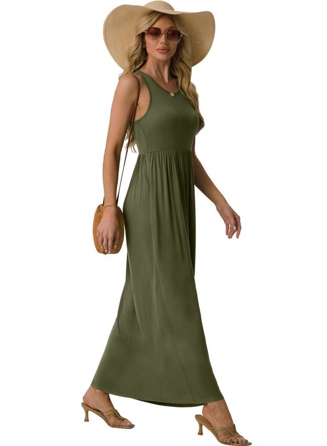 GRECERELLE Women's Sleeveless Long Maxi Dresses Plus Size with Side Pocket Army Green, Army Green, M - Image 5