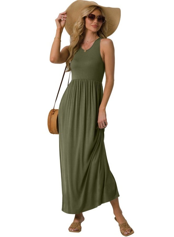 GRECERELLE Women's Sleeveless Long Maxi Dresses Plus Size with Side Pocket Army Green, Army Green, M - Image 4