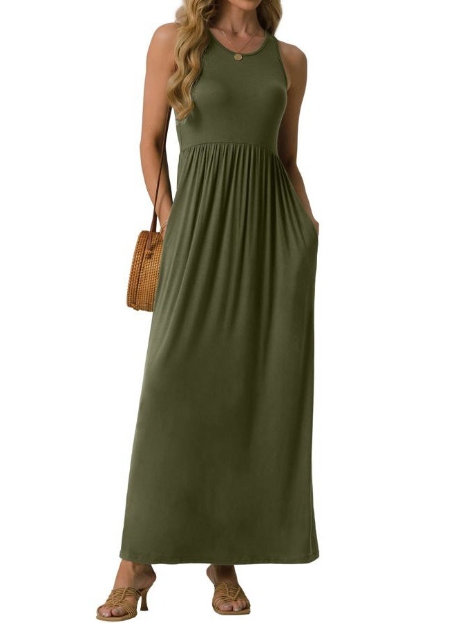 GRECERELLE Women's Sleeveless Long Maxi Dresses Plus Size with Side Pocket Army Green, Army Green, M - Image 1