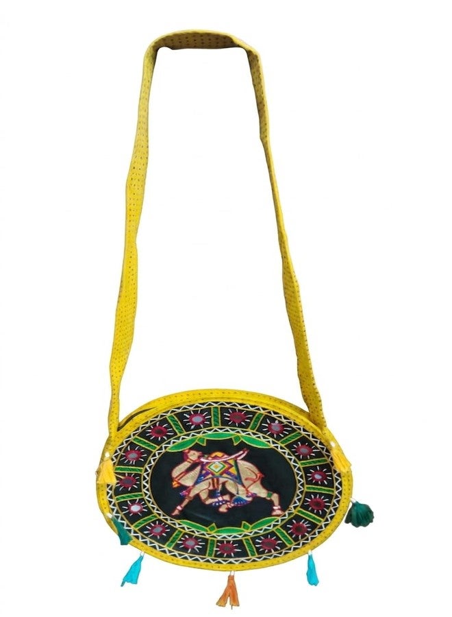 INDIACRAFT Boho Round Embroidered Sling Bag for Women | Handmade Elephant Design Crossbody Bag | Cotton Ethnic Shoulder Bag with Colorful Tassels | Traditional Indian Casual Travel & Shopping Bag - Image 1