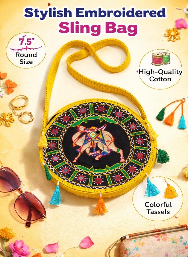 INDIACRAFT Boho Round Embroidered Sling Bag for Women | Handmade Elephant Design Crossbody Bag | Cotton Ethnic Shoulder Bag with Colorful Tassels | Traditional Indian Casual Travel & Shopping Bag - Image 2