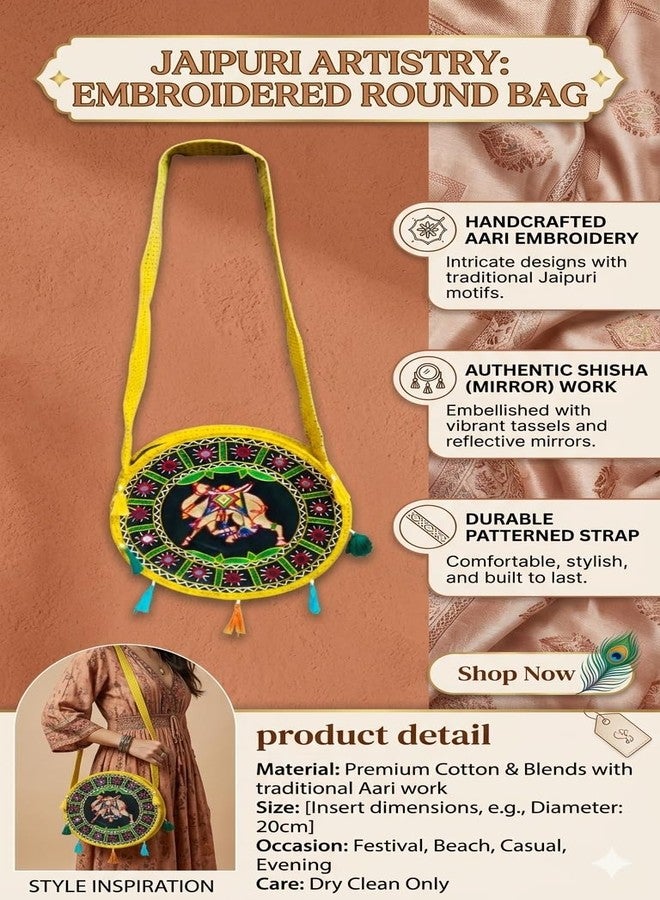 INDIACRAFT Boho Round Embroidered Sling Bag for Women | Handmade Elephant Design Crossbody Bag | Cotton Ethnic Shoulder Bag with Colorful Tassels | Traditional Indian Casual Travel & Shopping Bag - Image 5