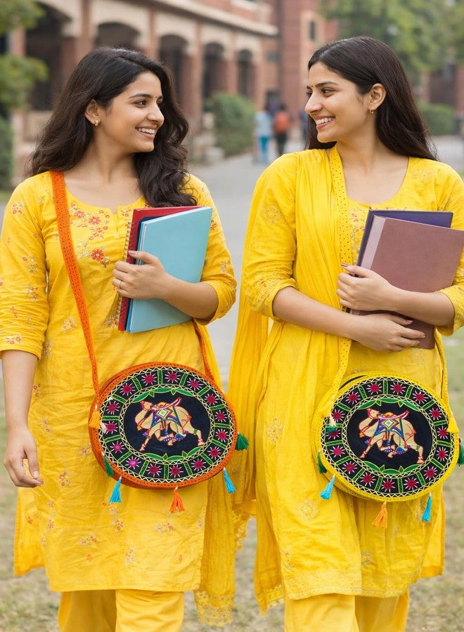 INDIACRAFT Boho Round Embroidered Sling Bag for Women | Handmade Elephant Design Crossbody Bag | Cotton Ethnic Shoulder Bag with Colorful Tassels | Traditional Indian Casual Travel & Shopping Bag - Image 3