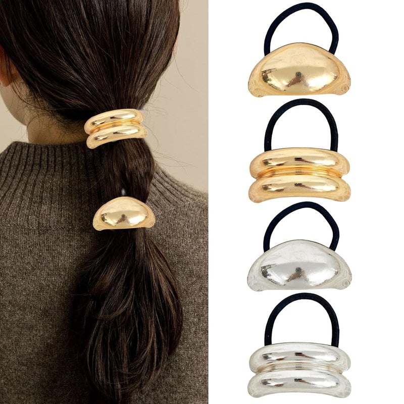 Metal Ponytails Hair Cuffs Gold  Silver Metal Hair Ties Gold Metal Geometric Elastic Hair Ties Fashion Glossy Arch Ponytail Hair Tie for Women Hair Accessories 4PCS