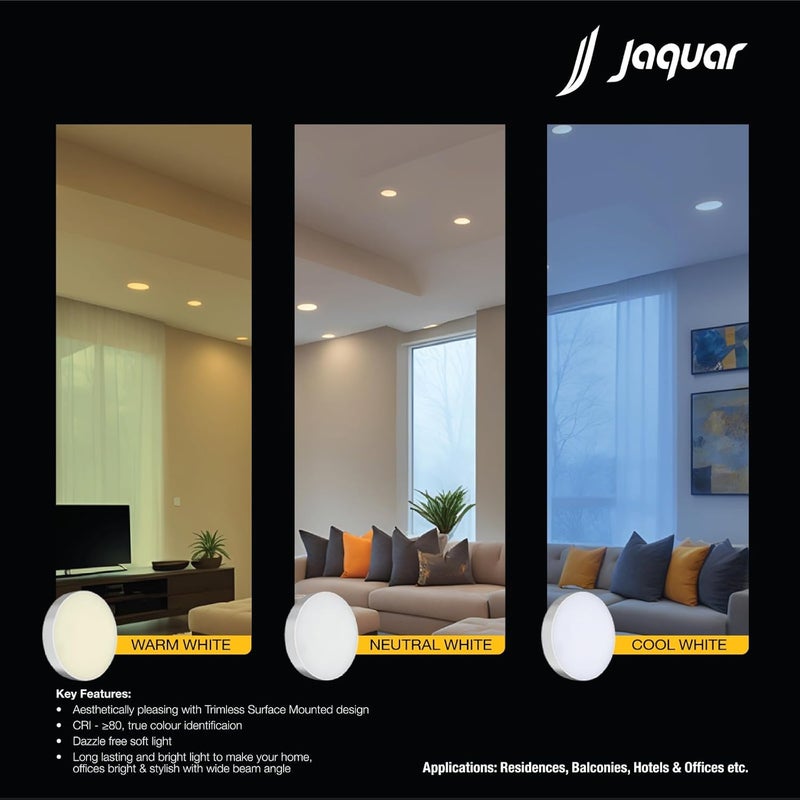 jaquar جاقوار 12 واط LED جيم بدون حواف ضوء سقف دائري مثبت على السطح لا يتطلب سقف مزيف ضوء نهاري بارد 6500 ك حزمة من 4 - Image 5