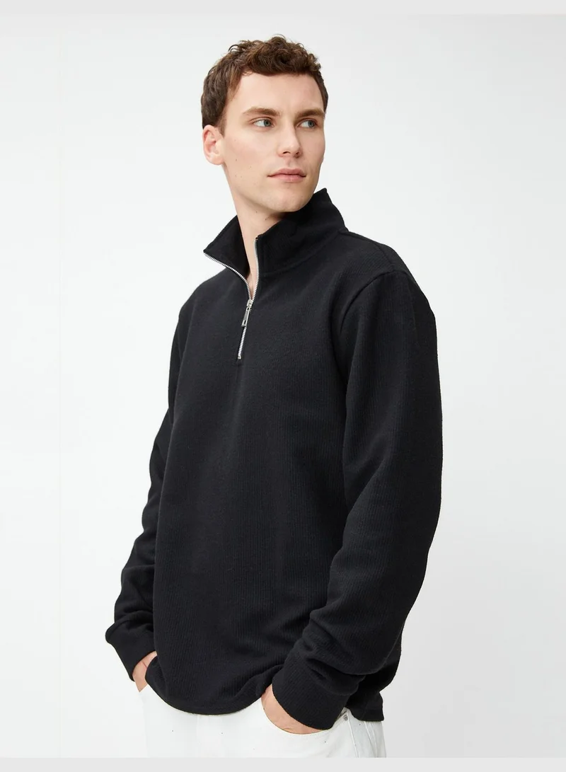 كوتون Half Zipper Detail High Neck Textured Sweater