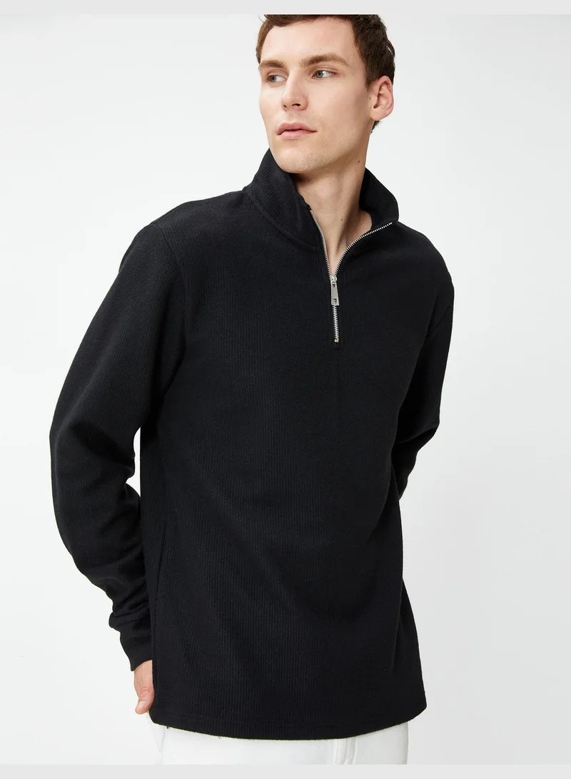 KOTON Half Zipper Detail High Neck Textured Sweater