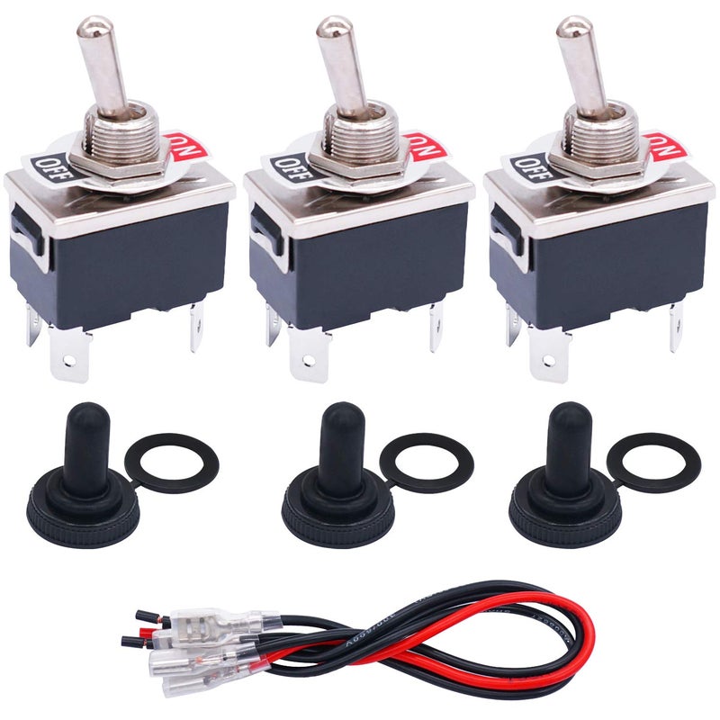 TWTADE 3 Pcs Latching Toggle Rocker Switches 4 Pin 2 Position ON/Off DPST Heavy Duty 16A 250VAC Spade Terminal Metal Boat Switch with Waterproof Boot Cap + 6.3mm Terminal Wires TEN-1221MZX-B201 - Image 1