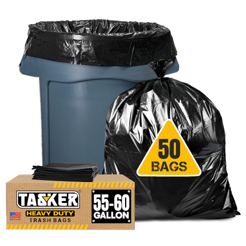 Tasker 5560 Gallon Trash Bags Heavy Duty Value 50 Count Bags wTies Extra Large Industrial Trash Bags 55 Gallon Lawn and Leaf Bags Extra Large Outdoor Contractor Trash Can Liners 5060 Gallon