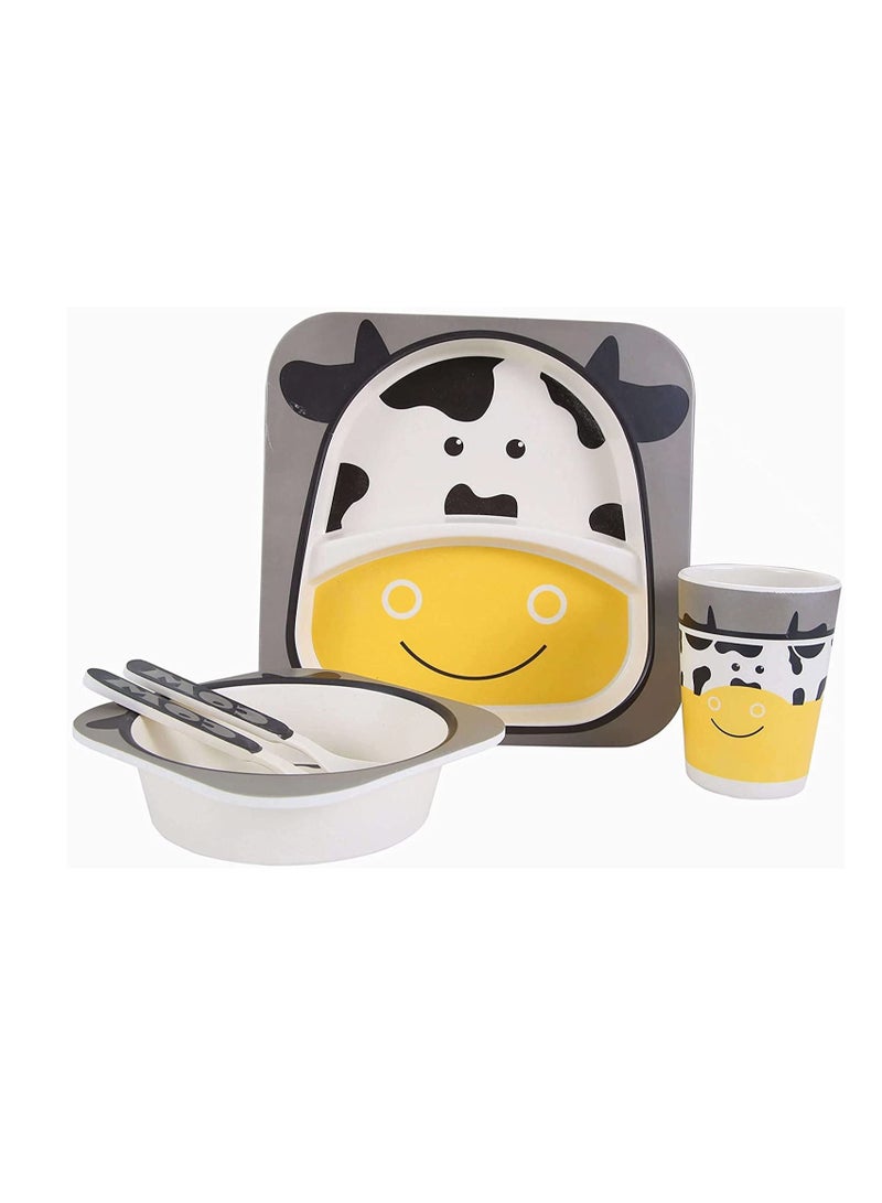 Excefore Bamboo Kids Plate and Bowl Set | Matching Dishes for Toddlers Ages 1+ | 5 Piece Divided Dinnerware Set Includes Plate, Bowl, Cup & Utensils | Reusable, BPA Free & Dishwasher Safe Toddler Set(Cow) - Image 1