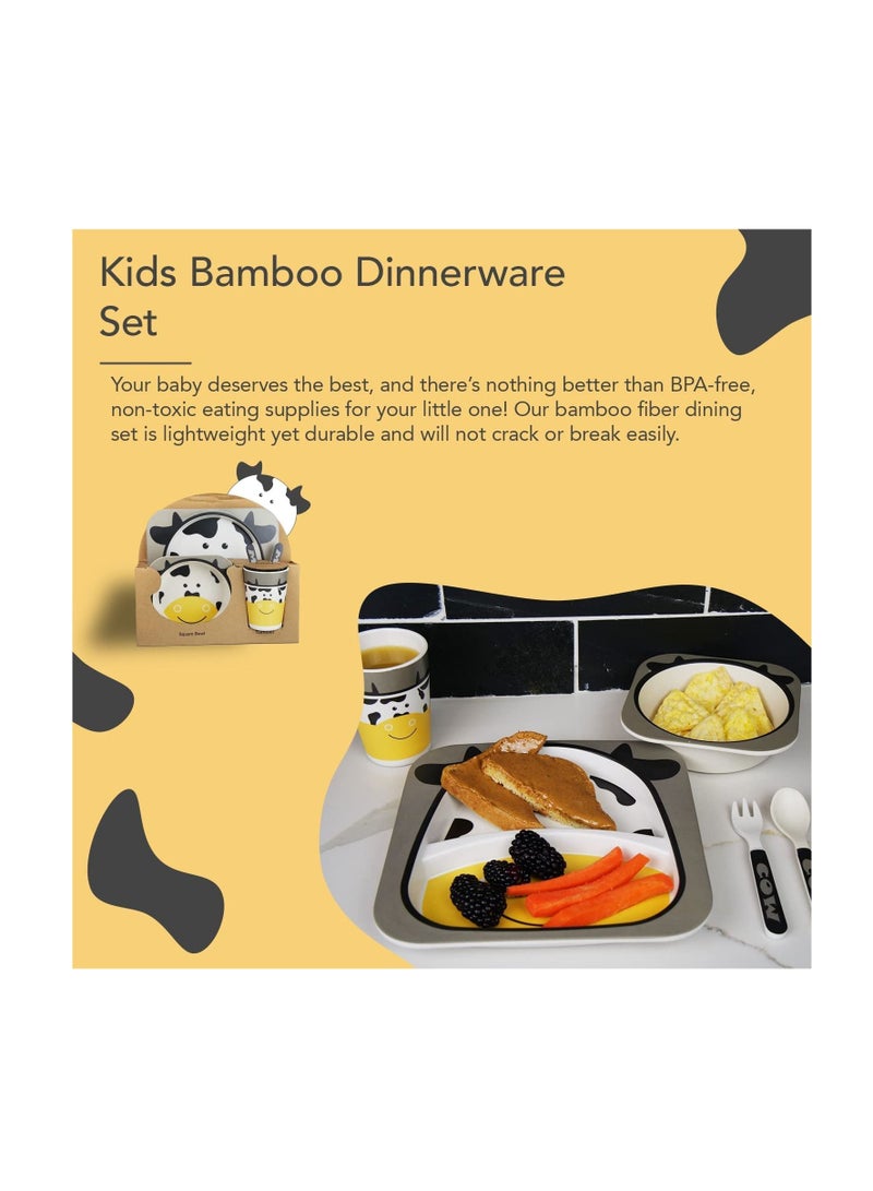 Excefore Bamboo Kids Plate and Bowl Set | Matching Dishes for Toddlers Ages 1+ | 5 Piece Divided Dinnerware Set Includes Plate, Bowl, Cup & Utensils | Reusable, BPA Free & Dishwasher Safe Toddler Set(Cow) - Image 4