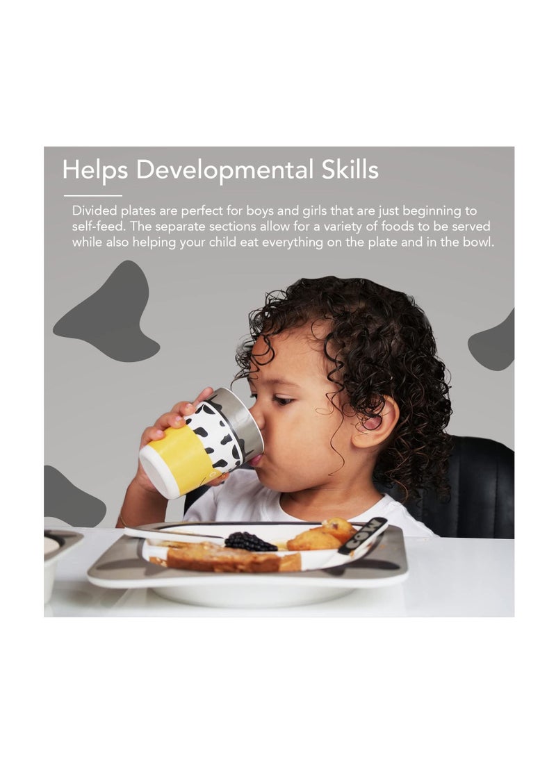 Excefore Bamboo Kids Plate and Bowl Set | Matching Dishes for Toddlers Ages 1+ | 5 Piece Divided Dinnerware Set Includes Plate, Bowl, Cup & Utensils | Reusable, BPA Free & Dishwasher Safe Toddler Set(Cow) - Image 3