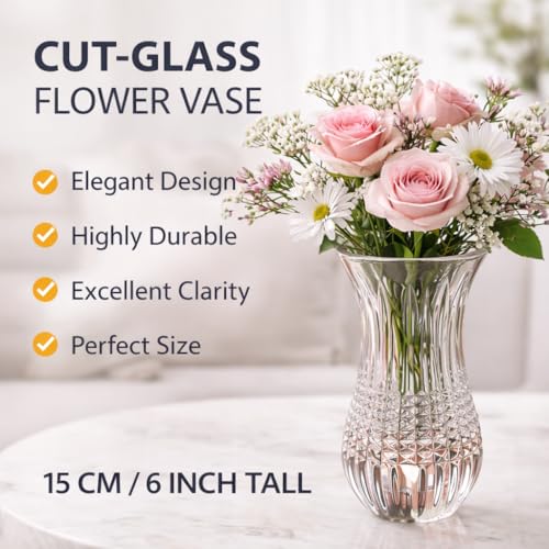 Pure Source India Glass Dimond Cut Flower Vase, Small Size- 6 Inch, Crystal Clear - Image 5