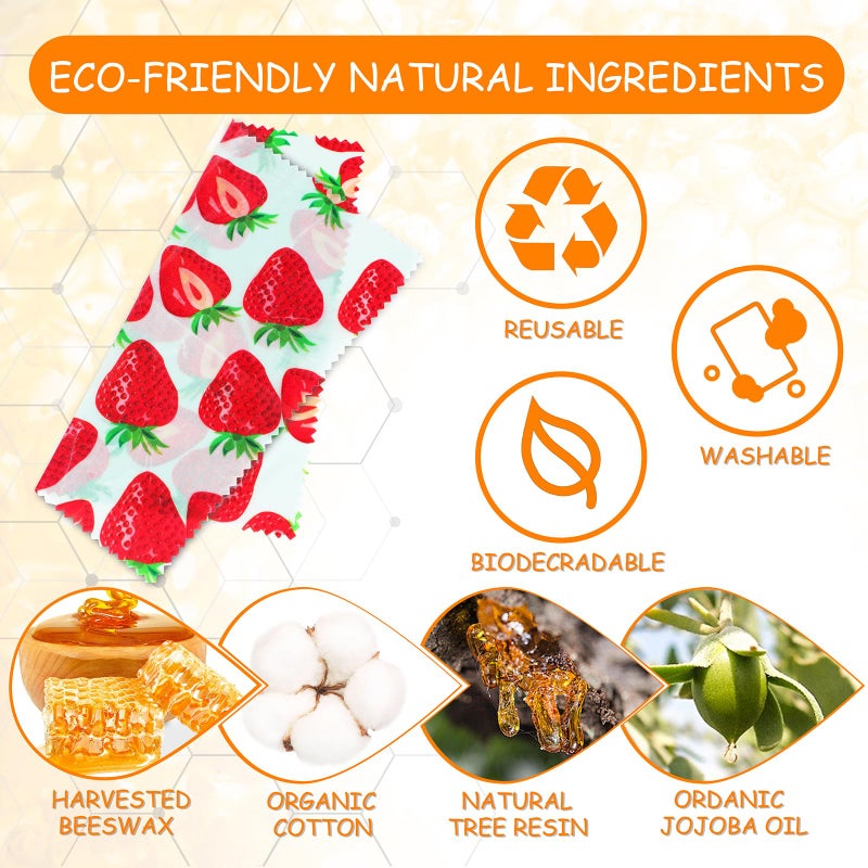 celsirex Reusable Beeswax Wrap, 11 Pack Eco-Friendly Beeswax Wraps For Food, Organic, Sustainable, Biodegradable, Zero Waste, Plastic-Free Food Storage, 1L Avocado, 2M Cherry, 4S Strawberry, 4XS Lemon Patterns - Image 2