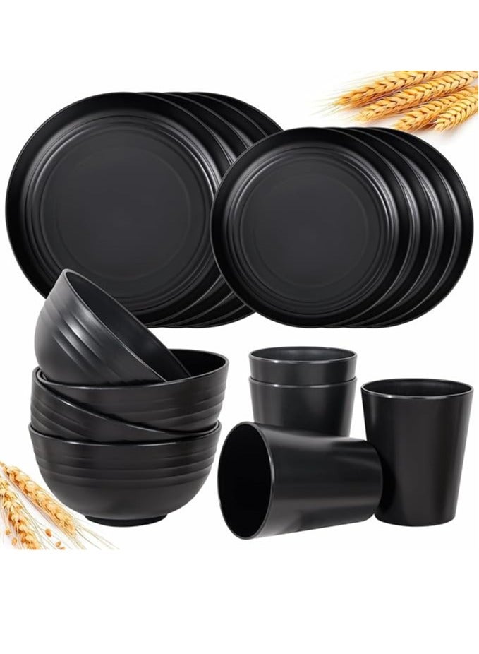 Arabest 16 Pcs Black Wheat Straw Dinnerware Set - Unbreakable Plates and Bowls Set, Dish Set for 4, Black Plastic Dinnerware Set Include Wheat Straw Dinner Plates Bowls Cups Kitchen & Camping - Image 1