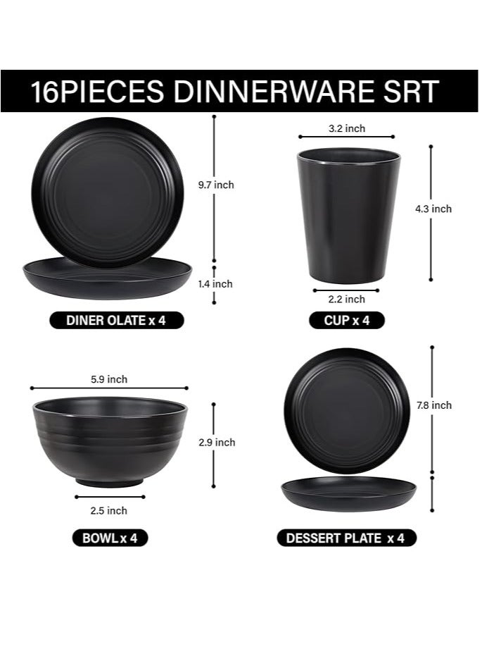 Arabest 16 Pcs Black Wheat Straw Dinnerware Set - Unbreakable Plates and Bowls Set, Dish Set for 4, Black Plastic Dinnerware Set Include Wheat Straw Dinner Plates Bowls Cups Kitchen & Camping - Image 2