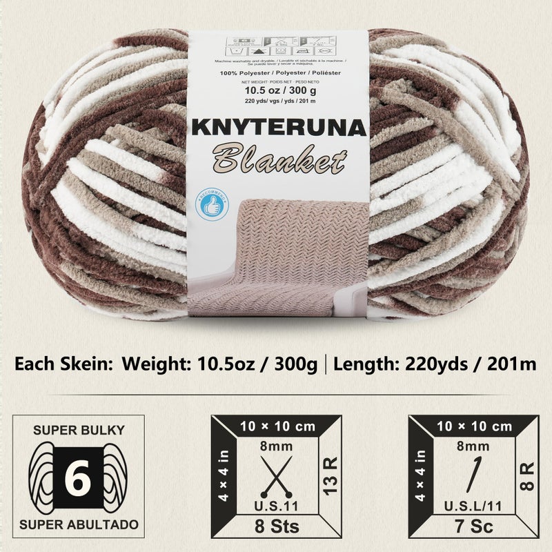 Knyteruna #6 Super Bulky Blanket Yarn for Crocheting - 4 Skeins(Each 10.5oz/300g, 220yds/201m), Chunky Chenille Thick Plush Big Soft Yarn for Crocheting Knitting Blankets, Multi Coffee & White - Image 2