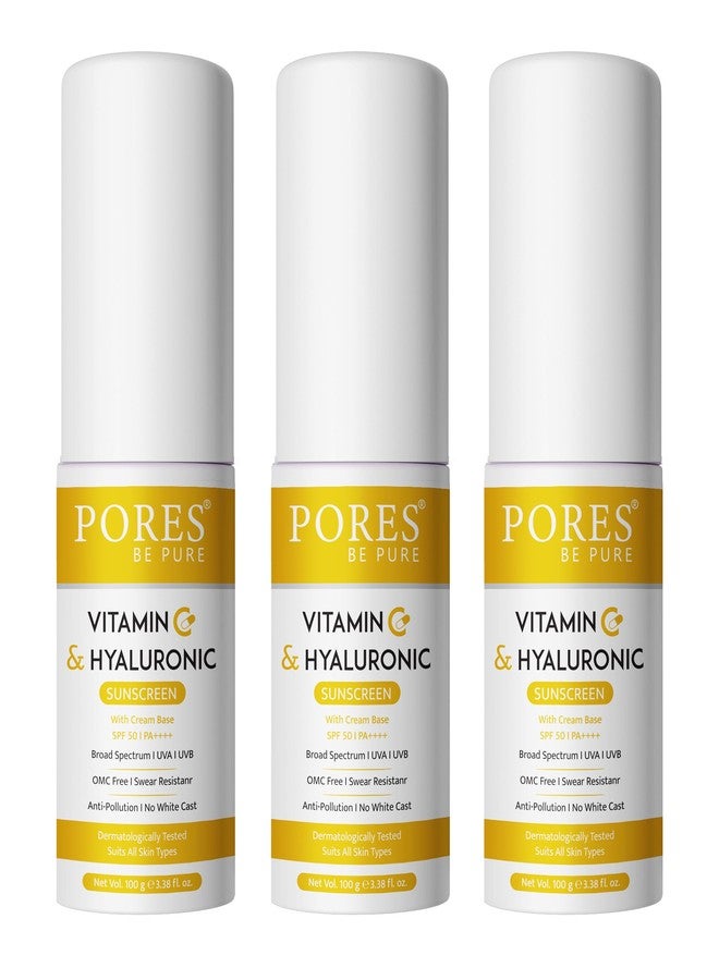 PORES Be Pure Vitamin C & Hyaluronic Sunscreen SPF 50, PA++++, Lightweight, No white-cast | Broad Spectrum & Blue Light Protection For Even Toned & Glowing Skin | All Skin Type Sunscreen (100 ML (Pack of 3)) - Image 1