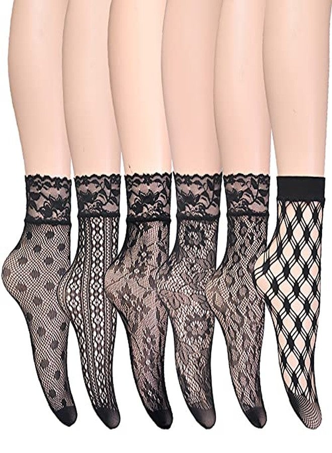 MarJunSep Lace Ankle Socks for Women Teen Girls Cute Elegent Mesh Fishnet Ankle Crew Socks Sexy Fashion (US, Alpha, One Size, Regular, Regular, Set of 6 Pairs Black) - Image 1