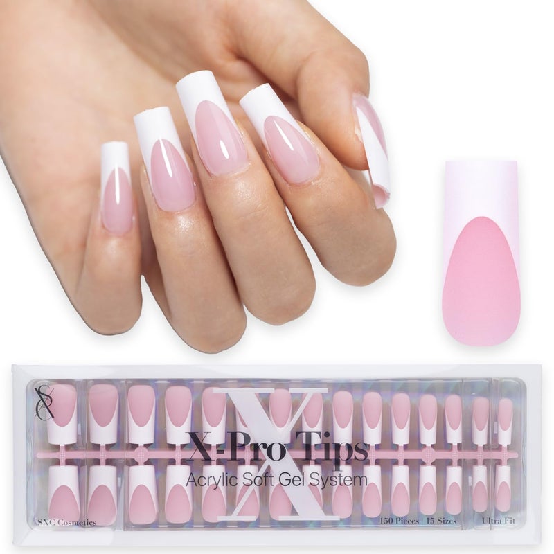 SXC Cosmetics French Tip Press On Nails Pink Medium Square 150 Pieces in 15 Sizes Ultra Fit with Preapplied Tip Primer and Base Coat No Need to File Fake Nails for Nail Art DIY XPro Tips - Image 2