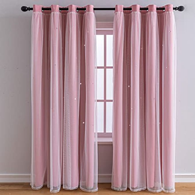 FANLI 2 Panels Star Blackout Curtains for Kid Girls Bedroom Living Room Darking Stripe Double Layer Star Cut Out Wall Home Decor Gradient Grommet Window Curtains (Pink 63L) - Image 4