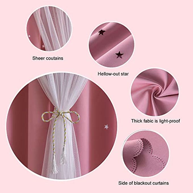 FANLI 2 Panels Star Blackout Curtains for Kid Girls Bedroom Living Room Darking Stripe Double Layer Star Cut Out Wall Home Decor Gradient Grommet Window Curtains (Pink 63L) - Image 3