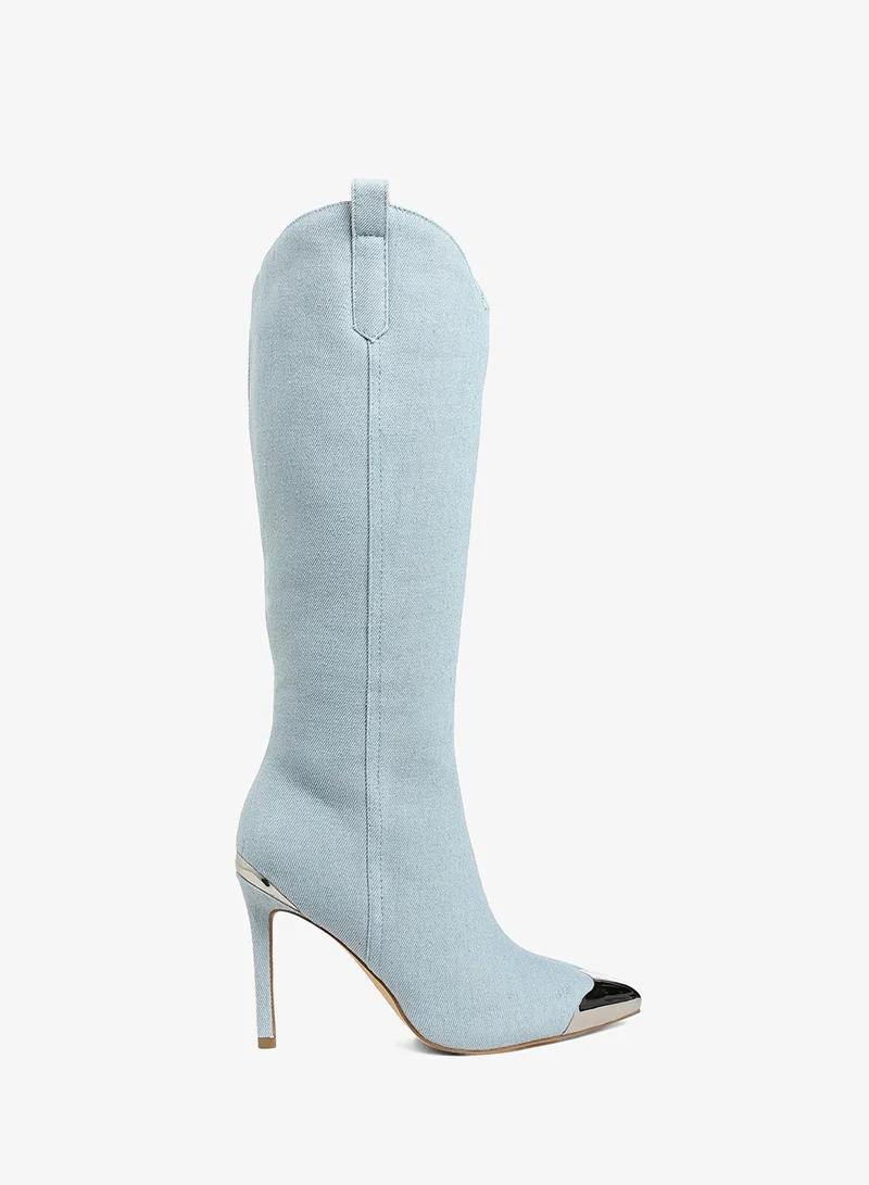 Metallic Cap Toe Denim Boots in Blue