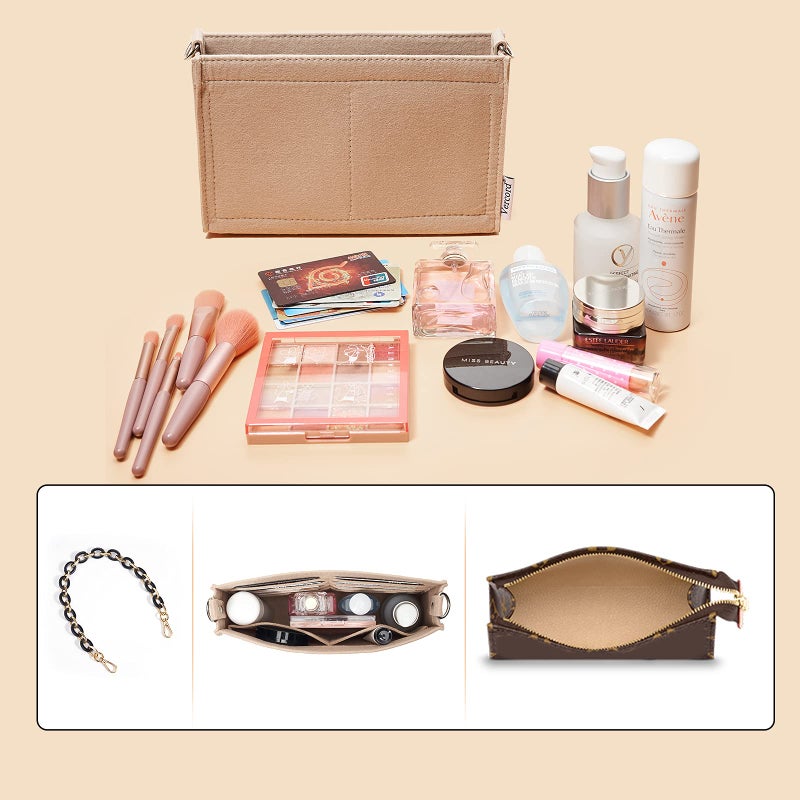 Vercord Felt Purse Insert Organizer 26 19 Toiletry Pouch Insert with D Ring Attach Chain Strap Beige L - Image 5