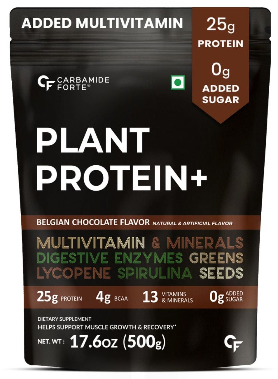Carbamide Forte Plant Protein Powder - Plant Based Protein Powder with Multivitamin, Minerals, Superfoods, Pea Protein, Digestive Enzymes | Plant Protein Powder - Belgian Chocolate Flavour - 500g