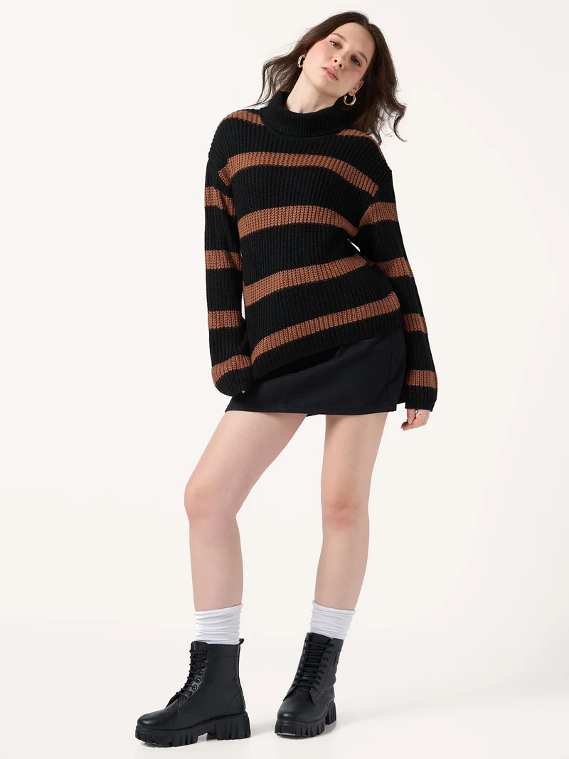 Outzidr Black Black High Neck Striper Sweater for Women | Best Price UAE